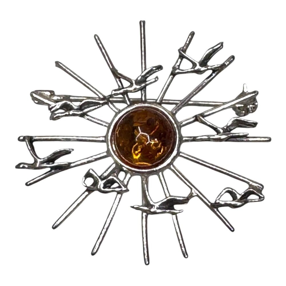 Mid Century Modern Sterling Silver & Amber Brooch Pin Sunburst Cranes Birds VTG